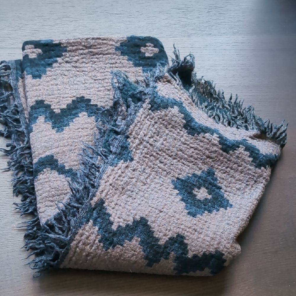 Wilfred Tan and Blue Large Geometric Scarf Wrap 💯 Wool